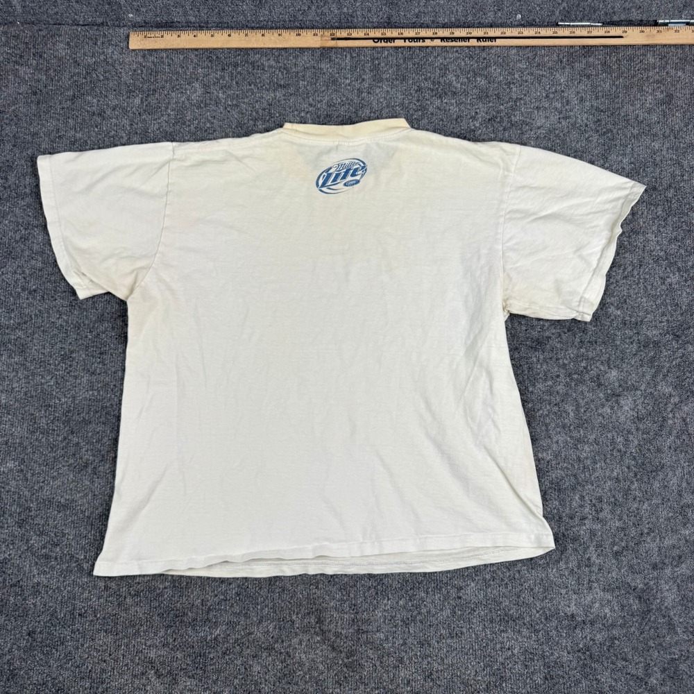 Miller Lite T-Shirt Mens Size L Cream Cotton Back Logo Graphic Distressed Fair